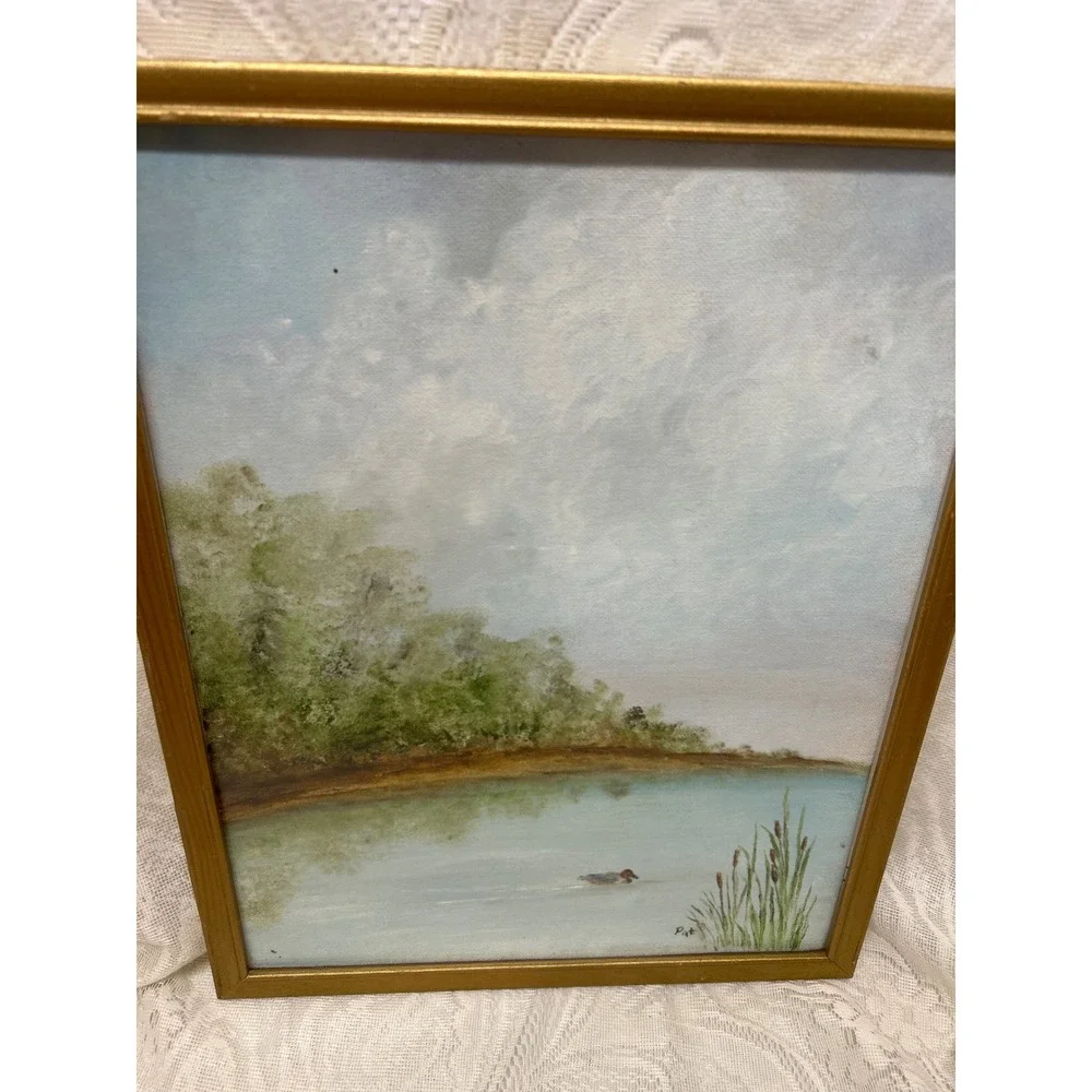 Original Oil Painting Pond by Cabin Signed Pat Duck Landscape Gold Frame 11x14 - Picture 3 of 5